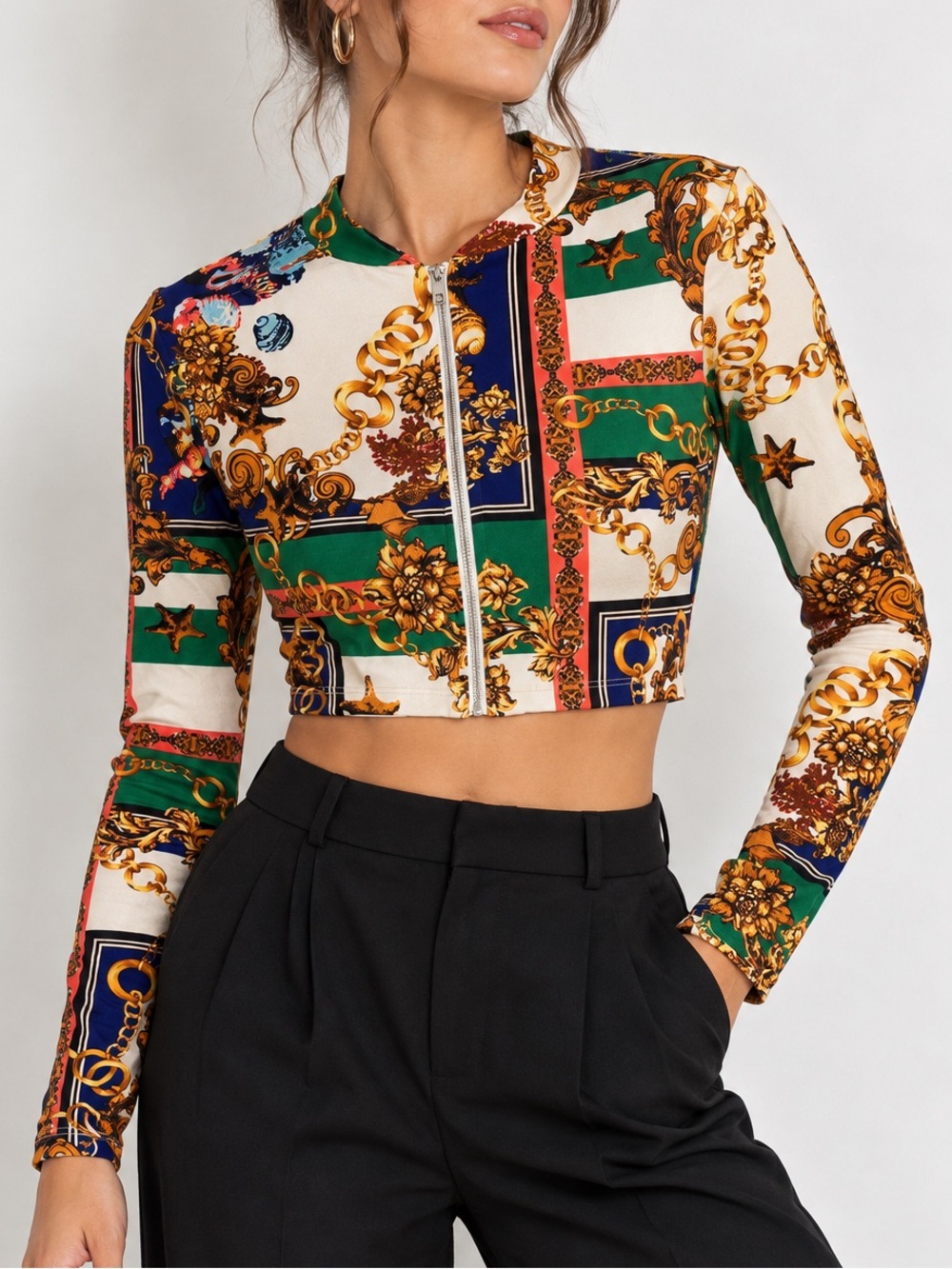 Baroque Chain Scarf Print Cropped Zip Jacket Mob Wife Euro Luxe Revamped L